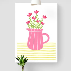 Flower Jug Digital Poster Print, Cute Flowers in Jug Vase Instant Download, Fun Floral Striped Wall Art, Home Decor Printable Artwork