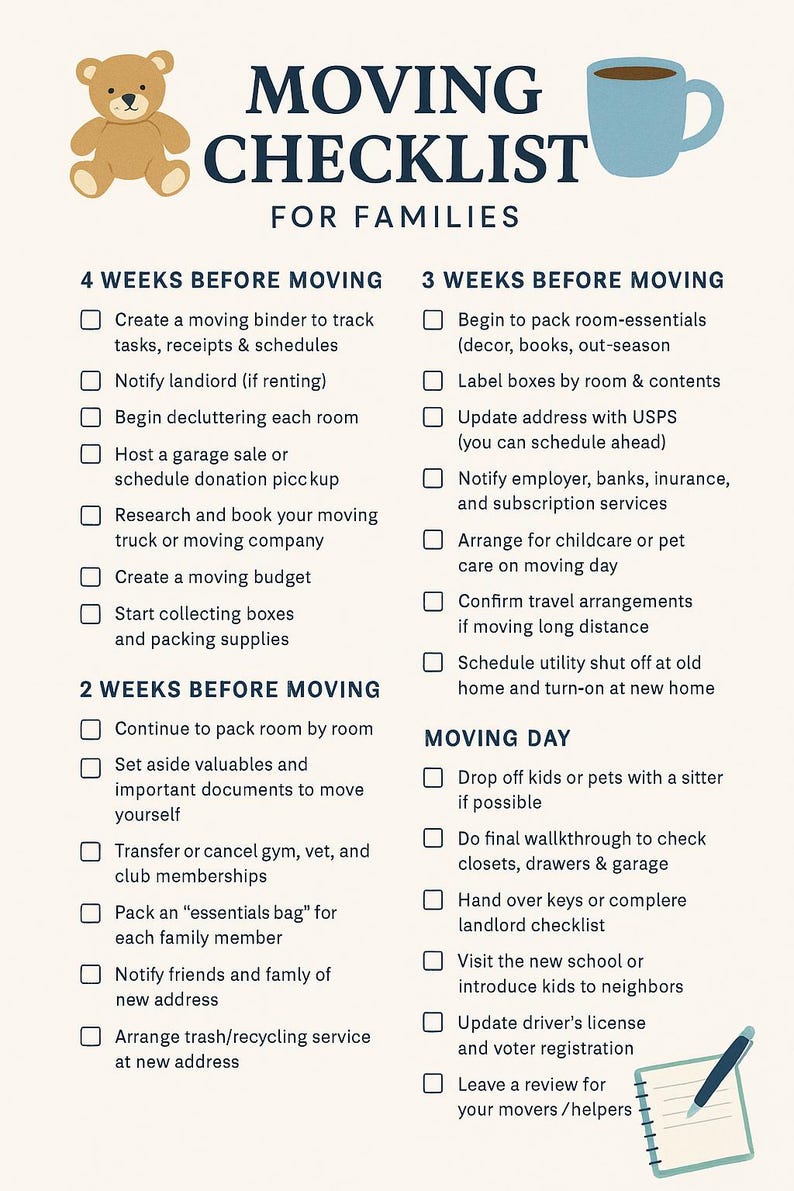 Moving Checklist for Families | Printable Countdown Planner | New Home ... - Moving Checklist For Families With Infants