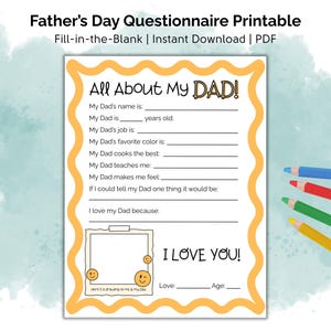 Tout sur mon père imprimable | Bricolage pour la fête des pères | Remplissez le champ Cadeau des enfants | Téléchargement instantané