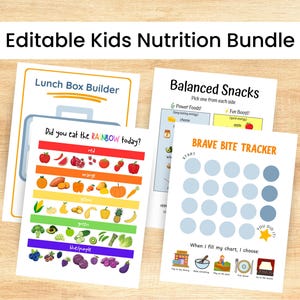 May include: A collection of printable educational materials for kids, including a "Lunch Box Builder" and a "Brave Bite Tracker." The "Did you eat the RAINBOW today?" chart displays colorful fruits and vegetables. The "Balanced Snacks" chart suggests food choices. The bundle is designed for children's nutrition.