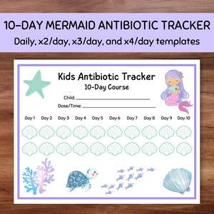 Mermaid 10-dagars antibiotikaspårningspaket | Återanvändbar doseringslogg för barnmedicin | Utskrivbar medicineringsschema | PDF-filer i amerikanska Letter- och A4-format