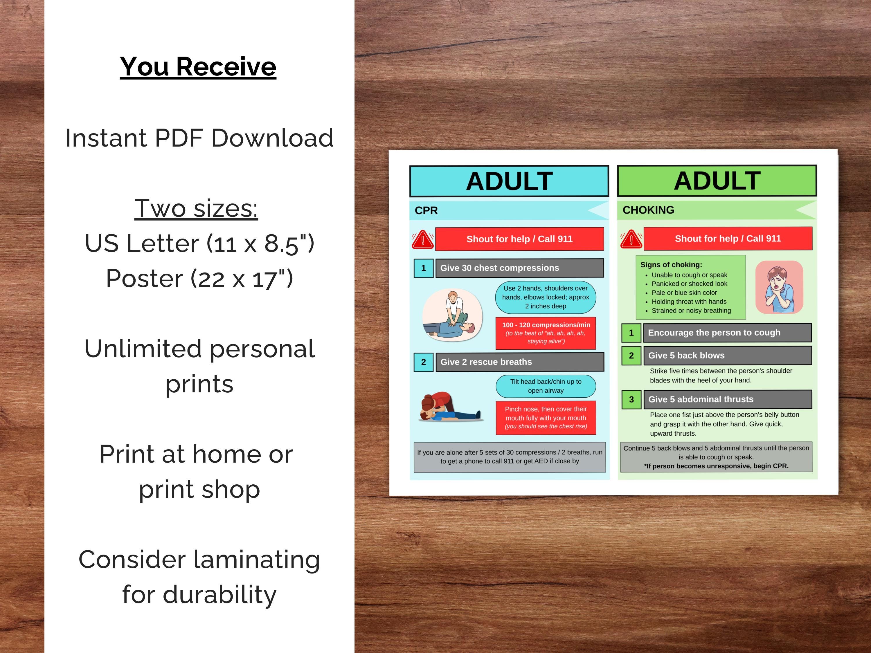 Adult CPR and Choking Guide: Printable Emergency Poster | Cardiac ...