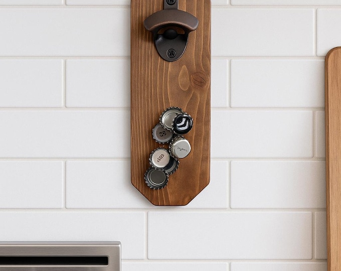 Handmade Magnetic Bottle Opener — Wood & Steel Wall-Mount, Industrial Farmhouse Bar