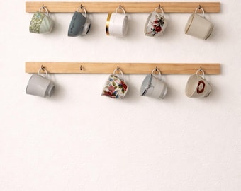 Wooden Mug Rack Set, Farmhouse Coffee Bar Wall Mount, Metal Hooks Organizer