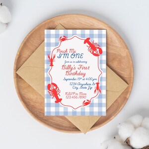 Editable Lobster First Birthday Invitation | Pinch Me I&#39;m One Party Invite | Nautical Crab Theme Canva Template | Instant Download