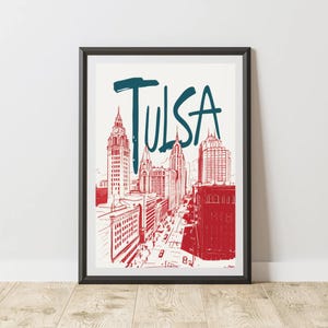 Tulsa City Skyline Printable Wall Art Hand-Drawn Urban Sketch Red and Teal Digital Download Oklahoma Cityscape Poster
