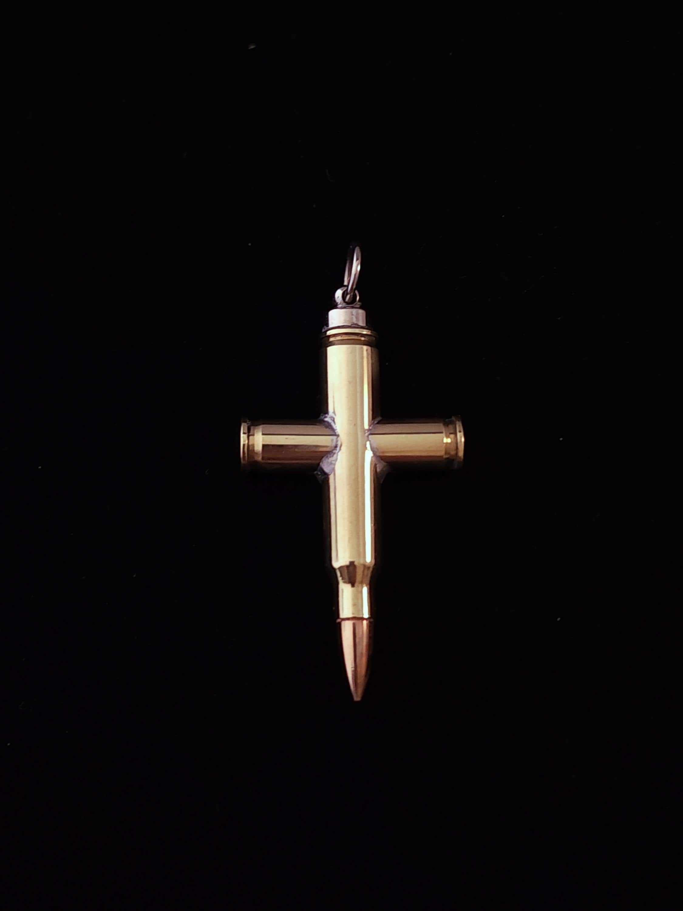 SMALL Bullet Cross Pendant – Handcrafted Brass + Steel – 5.56 NATO + .32 Casings