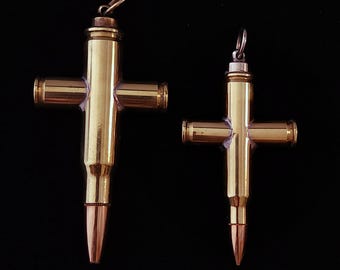 Bullet Cross Pendant Set – Matching Pair (Large + Small) – Handmade Brass & Steel