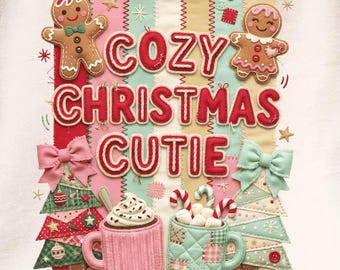 Immagine PNG di un'adorabile ragazza natalizia, download digitale di cioccolata calda al pan di zenzero, design per sublimazione natalizia con applicazione patchwork trapuntata, stampa artistica per maglietta di Natale