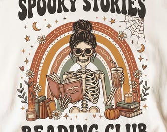 Spooky Stories Reading Club Skeleton PNG, Fall Boho Rainbow Halloween Books PNG, Spooky Season Digital Download