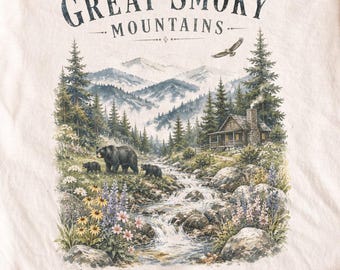 Great Smoky Mountains PNG, clipart di paesaggio ad acquerello, casa di una famiglia di orsi, scenario di baita di montagna, download digitale