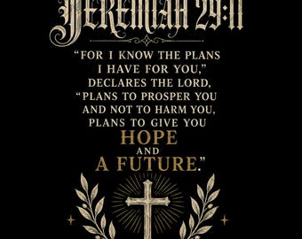 Geremia 29:11 PNG, citazione del versetto biblico, speranza per il futuro della fede cristiana, design a sublimazione con croce dorata finta, download digitale