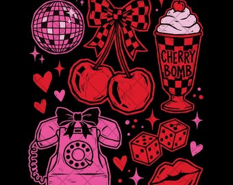 Cherry Bomb Rockabilly PNG, palla da discoteca rosa retrò, telefono vintage, estetica pin-up anni '50, vibrazioni Y2K, download digitale