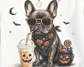 French Bulldog Halloween PNG, Frenchie Pumpkin Drink Digital Download, Spooky Cute Dog Sublimation File, Fall Pet Lover Art