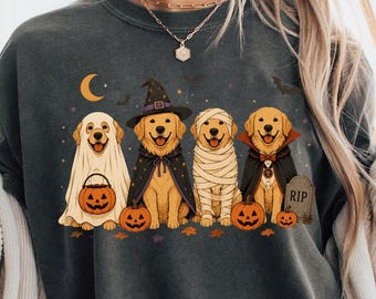 Perros Golden Retriever de Halloween PNG, lindos disfraces de perros, diseño de sublimación de mascotas espeluznantes, gráfico de otoño, descarga digital