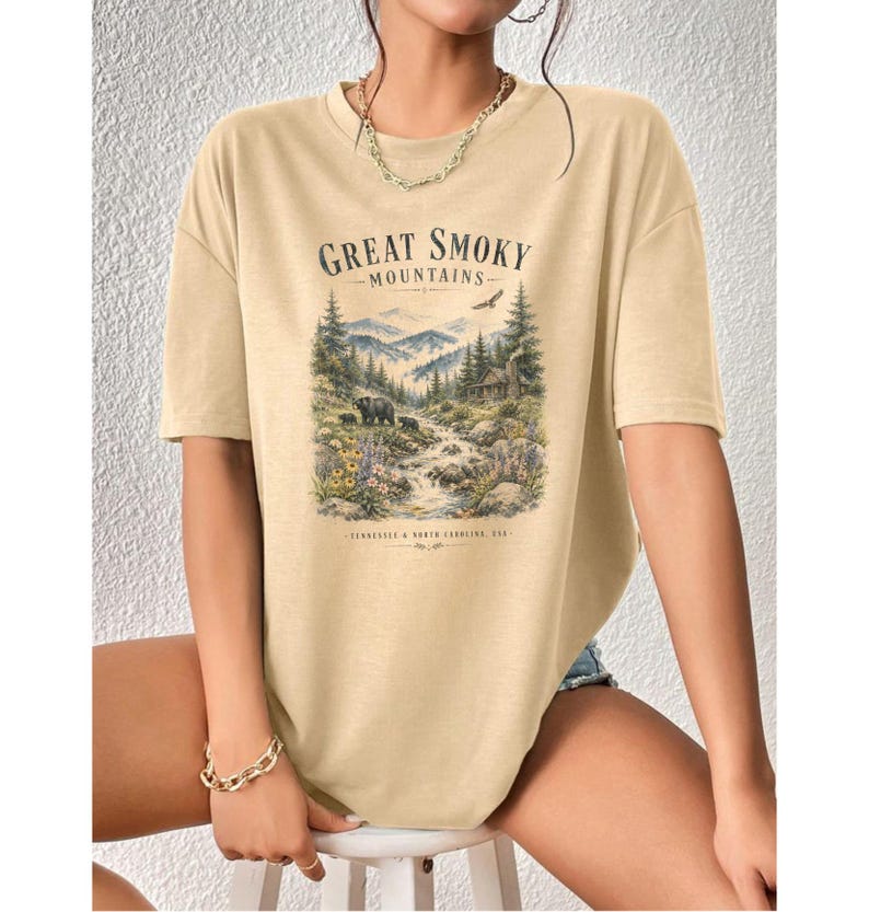 Great Smoky Mountains t-shirt with bears, cabin, and eagle graphic.
