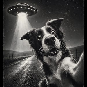 Puede incluir: Una ilustración artística en blanco y negro de un border collie con los ojos muy abiertos tomándose un selfie en una carretera oscura por la noche. Sobre el perro, un platillo volante metálico emite un haz de luz hacia el suelo estrellado.