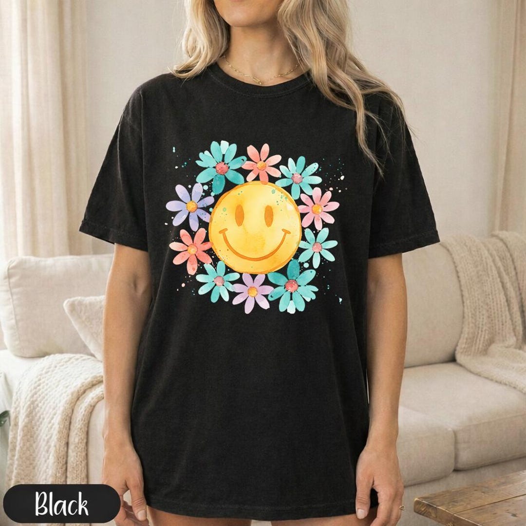 Retro Smiley Face Floral PNG, Cheerful Sublimation Design (digital ...