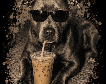 Pitbull Coffee Dog PNG, Funny Dog Sunglasses, Iced Coffee Lover, Dog Mom Sublimation Art, Digital Download PNG