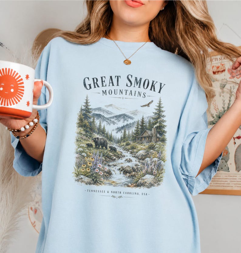 Graphic of Great Smoky Mountains with bears, cabin, and waterfall, Tennessee & North Carolina, USA.