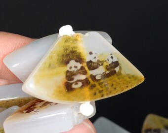 Beautiful Agate with Panda and Bamboo Picture  21x40x8mm Pendant Beads J36B4129