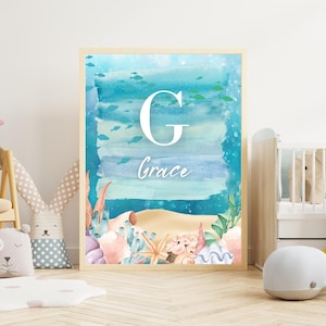 Custom Name Sign Printable Wall Art for Kids | Nursery Decor | Ocean Theme Digital Download | Girl Bedroom Art Print | Under the Sea Poster