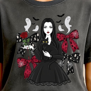 Wednesday Addams Family T-Shirt Png, Gothic Girl With Black Cat Png, Halloween Png, Spooky Season Png, Wednesday Png, Addams Family Png