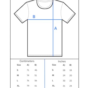 May include: A white t-shirt diagram with blue measurement lines labeled A and B. The image includes a size guide with measurements in inches and centimeters. The text "Size guide" is at the top.