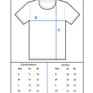 May include: A white t-shirt diagram with blue measurement lines labeled A and B. The image includes a size guide with measurements in inches and centimeters for sizes S, M, L, XL, 2XL, and 3XL. The text "Size guide" is at the top.