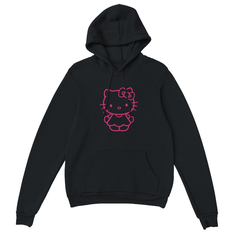 May include: Black hooded sweatshirt featuring a pink outline of a cartoon character. The sweatshirt has a front pocket and a drawstring hood. The graphic is centered on the chest.
