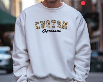 Custom Leopard Sweatshirt,Custom Cheetah Print Sweatshirt, Add Your Personalized Text, Leopard Print Varsity Sweater, College Font Custom