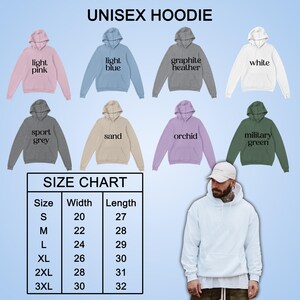 May include: A range of unisex hoodies in colours such as light pink, light blue, and military green. The image includes a size chart with measurements in inches, with widths from 20 inches to 30 inches, and lengths from 27 inches to 32 inches.