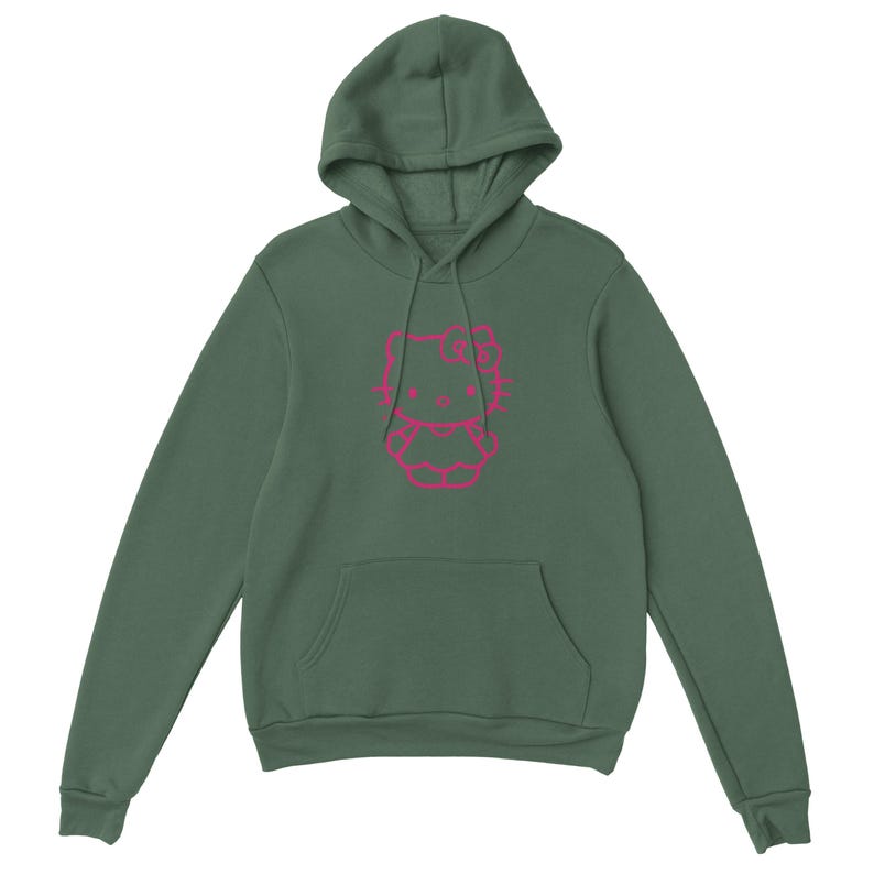 May include: A forest green hoodie featuring a pink outline of a cartoon cat character. The hoodie has a drawstring hood and a kangaroo pocket on the front. The design is centered on the chest.