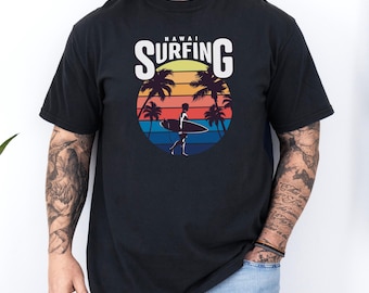 Hawaii Shirt, Retro Hawaii Sunset Tee, Surfer Silhouette Beach Shirt, Vintage Aloha State Vacation Tee, Tropical Island Group Gift