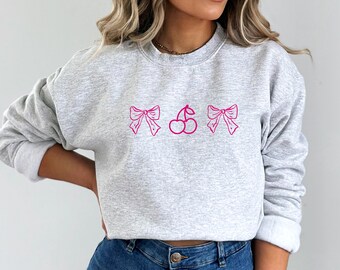 Cherry Bow Sweatshirt , Cute Girly Crewneck Sweater, Coquette Pullover, Red Bow Graphic Sweatshirt, Pinterest Aesthetic, Pretty Girly Top