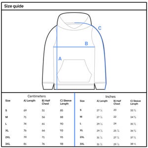 May include: A size guide for a hooded sweatshirt, with measurements in inches and centimeters. The guide shows the length, half chest, and sleeve length for sizes S, M, L, XL, 2XL, and 3XL. The sweatshirt is shown in a line drawing.