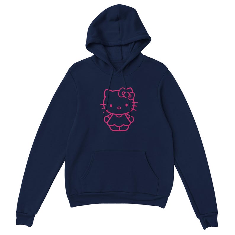 May include: Navy blue hoodie featuring a pink outline of a cartoon cat character. The hoodie has a drawstring hood and a kangaroo pocket. The cat character has a bow and is wearing a dress. The hoodie is made of a soft material.