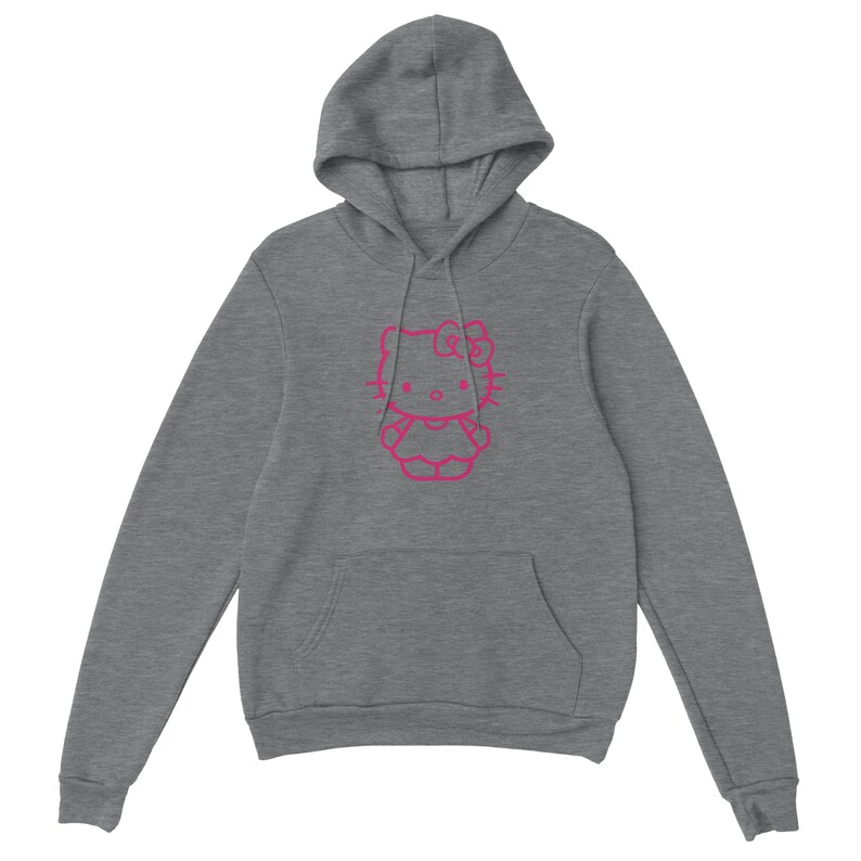 May include: A gray hooded sweatshirt featuring a pink outline of a cartoon cat character on the front. The sweatshirt has a kangaroo pocket and a drawstring hood. The cat has a bow and is wearing a dress.