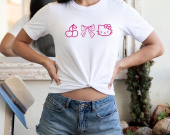 Hello Kitty T-Shirt, with Cherries,Hello Kitty Custom Bella Canvas T-Shirt,Personalized Fan Tee Custom Text Shirt, Personalized Cherry