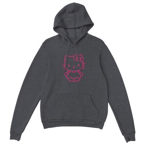 May include: Dark gray hoodie featuring a pink outline of a cartoon character. The hoodie has a drawstring hood, a kangaroo pocket, and long sleeves. The graphic is centered on the chest.