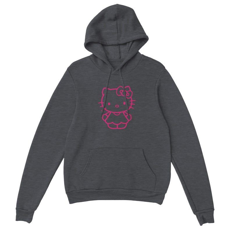 May include: Dark gray hoodie featuring a pink outline of a cartoon character. The hoodie has a drawstring hood, a kangaroo pocket, and long sleeves. The graphic is centered on the chest.