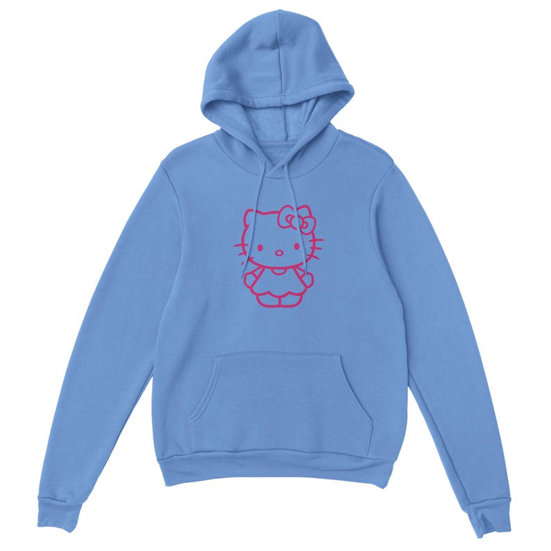 May include: A light blue hooded sweatshirt featuring a red outline of a cartoon cat character on the front. The sweatshirt has a kangaroo pocket and a drawstring hood. The design is simple and clean, suitable for casual wear.