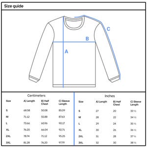 May include: An illustration of a white long-sleeved top with a size guide. Measurements are in inches and centimetres. The guide shows the length, half chest, and sleeve length for sizes S, M, L, XL, 2XL, and 3XL. The text "Size guide" is at the top.