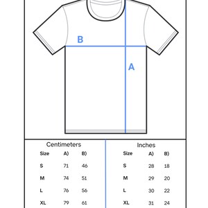Pu&ograve; includere: Illustrazione di una maglietta bianca con linee di misurazione blu e una guida alle taglie. La guida include misure in centimetri e pollici per le taglie S-3XL. Il testo "Size guide" &egrave; in alto.