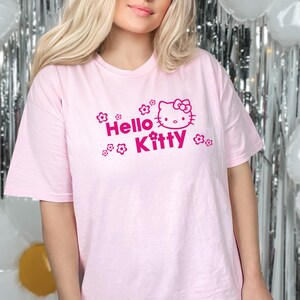 May include: A pale pink t-shirt with the words "Hello Kitty" in magenta, accompanied by a graphic of the character and floral designs. The top has short sleeves and a round neckline.
