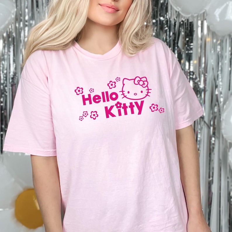 May include: A pale pink t-shirt with the words "Hello Kitty" in magenta, accompanied by a graphic of the character and floral designs. The top has short sleeves and a round neckline.