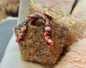 Handmade Faux Fur Handbag with Bamboo Handles (Mixed Metallics)