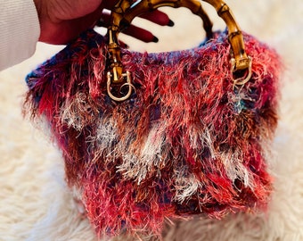 Handmade Faux Fur Handbag with Bamboo Handles (Multicolor)