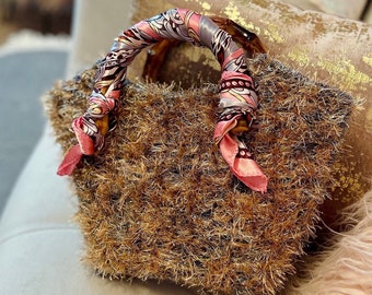 Handmade Faux Fur Handbag with Bamboo Handles (Mixed Metallics)