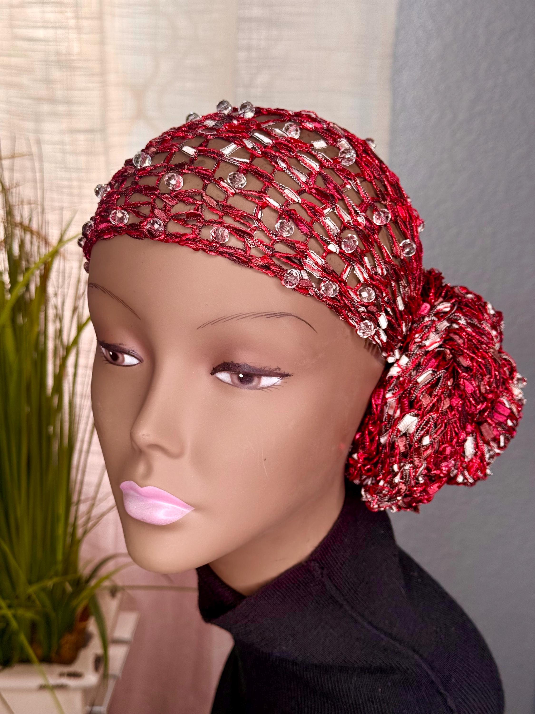 Red Beaded Turban Headwrap Wholesale Red bandana turban head wrap women, wired hair  main image 3